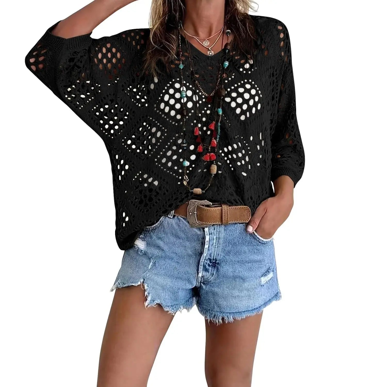 Fisoew Women's Bohemian-Inspired Beige Crochet Top with V-Neck #Springtok #TikTokShopJumpstartSale Casual Chic - Seldom Seen Styles