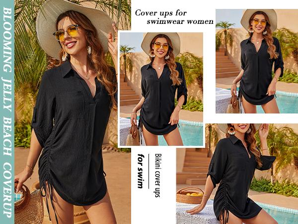 Womens Bathing Suit Cover Ups Bikini Swimsuit Coverup Drawstring Beach Dress Shirt - Seldom Seen Styles