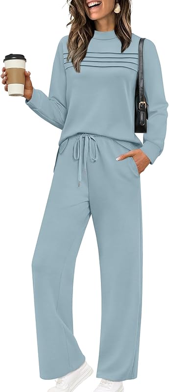 Two Piece Sets for Women Fall Travel Vacation Outfits Long Sleeve Lounge Sets Side Slit Wide Leg Pants S-3XL