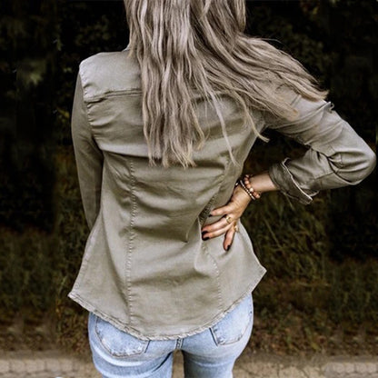 Women Button Down Denim Shirt Chambray Snap Buttons Lightweight Utility Anorak Military Jacket Coat 2025