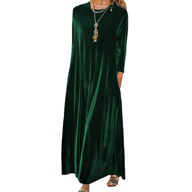 Cross-Border2024Amazon Spring New Gold Velvet European and American Slimming Temperament Crew Neck Long Dress