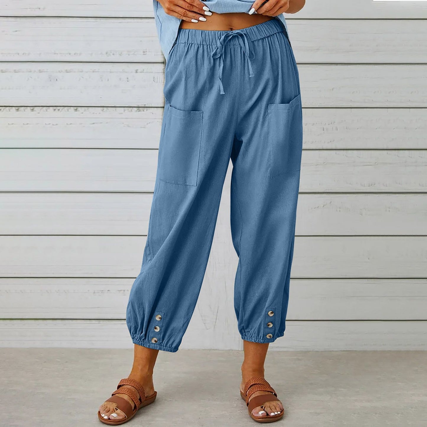 Women's Capri Pants High Waist Drawstring Cinch Bottom with Button Cotton Loose Casual Trouser with Pockets - Seldom Seen Styles