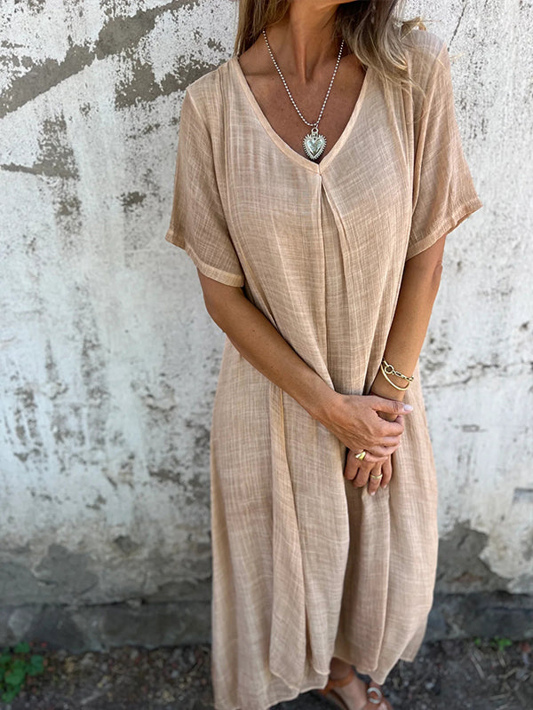 Cotton and Linen V-neck Midi Dress - Seldom Seen Styles