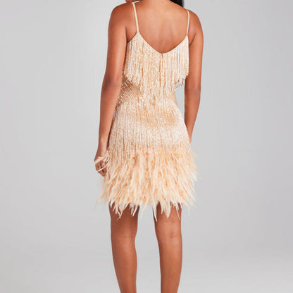 Sleeveless Fringed Sequin Feathered Mini Dress