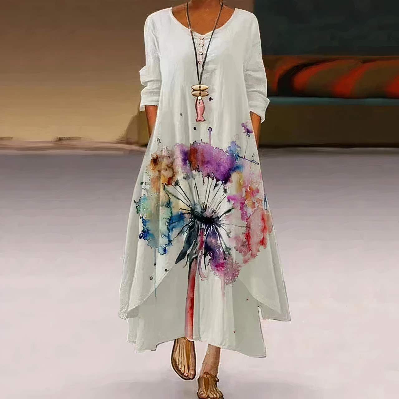 Flora | Women's Floral Print Long Sleeve Loose Maxi Dress - Seldom Seen Styles