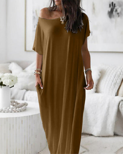 Women's Solid Color Batwing Sleeve Lounge Dress, Casual Comfy Baggy Nightdress