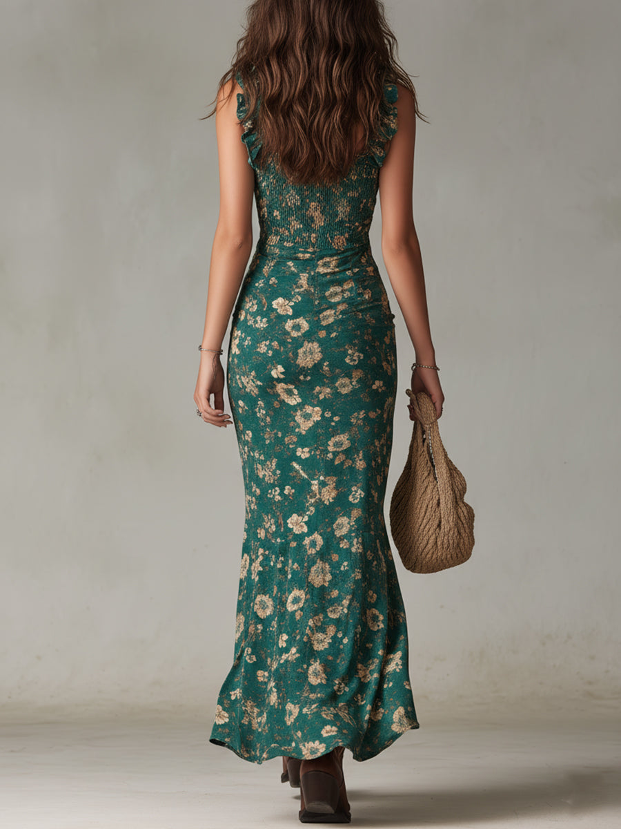 Women's Floral Maxi Dress Ruffle Strap Bodycon High Slit Summer Boho Dress - Seldom Seen Styles