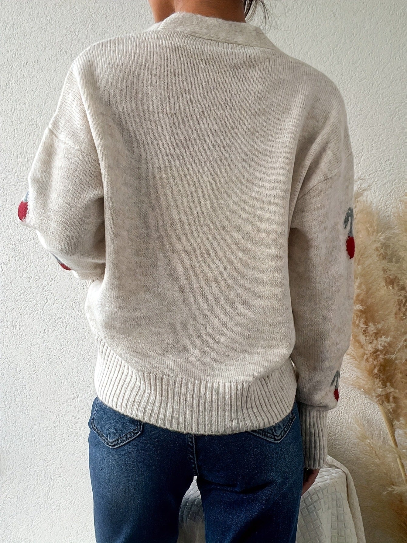 Women's Cherry Pattern Button Front Knitting Longsleeves Cardigan, Casual Elegant Long Sleeve Sweater Cardigan for Fall &amp; Winter, Women's Knit Clothing for Daily Wear, Cardigan for Women, Women's Cardigan, Womenswear, Knitwear, Clothe - Seldom Seen Styles