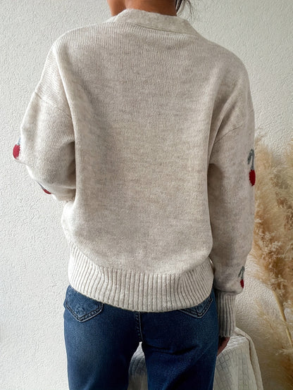 Women's Cherry Pattern Button Front Knitting Longsleeves Cardigan, Casual Elegant Long Sleeve Sweater Cardigan for Fall &amp; Winter, Women's Knit Clothing for Daily Wear, Cardigan for Women, Women's Cardigan, Womenswear, Knitwear, Clothe