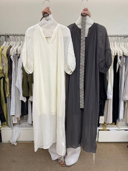 V-Neck Puff Sleeve Loose Flowy Maxi Dress with Woven Belt Included Crinkle Texture Elegant Casual Summer Dress White Dark Grey