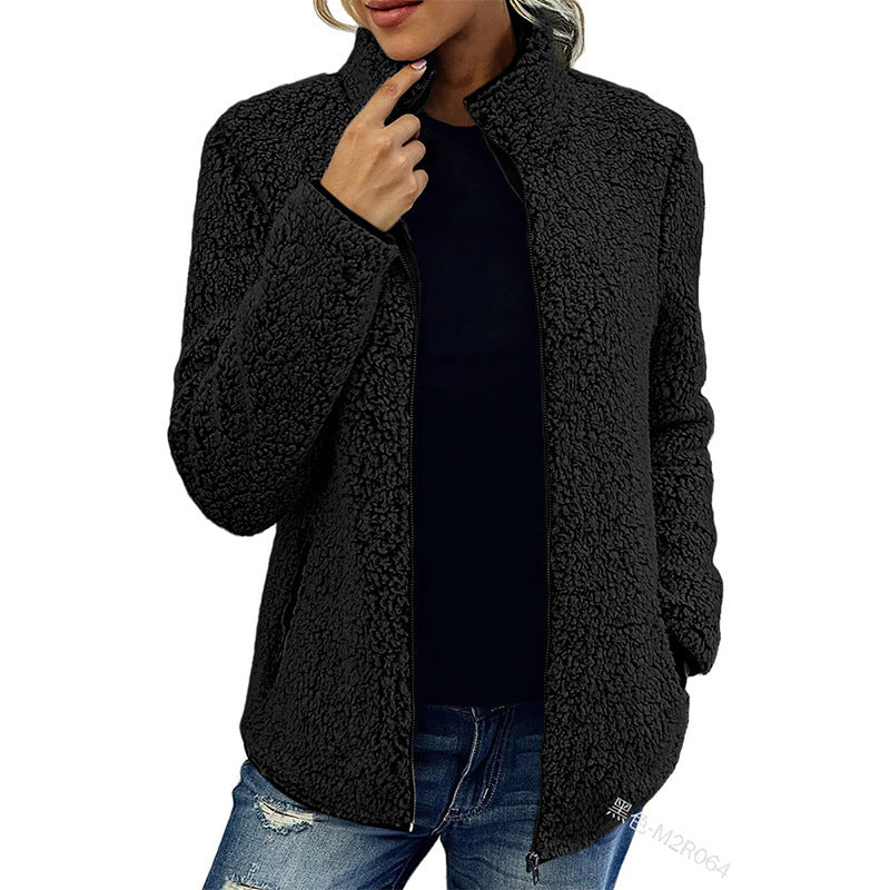 Cross-Border Amazon Stand Collar Solid Color Top Sweater Women's Casual Fashion Long Sleeve Zipper Bubble Velvet Coat