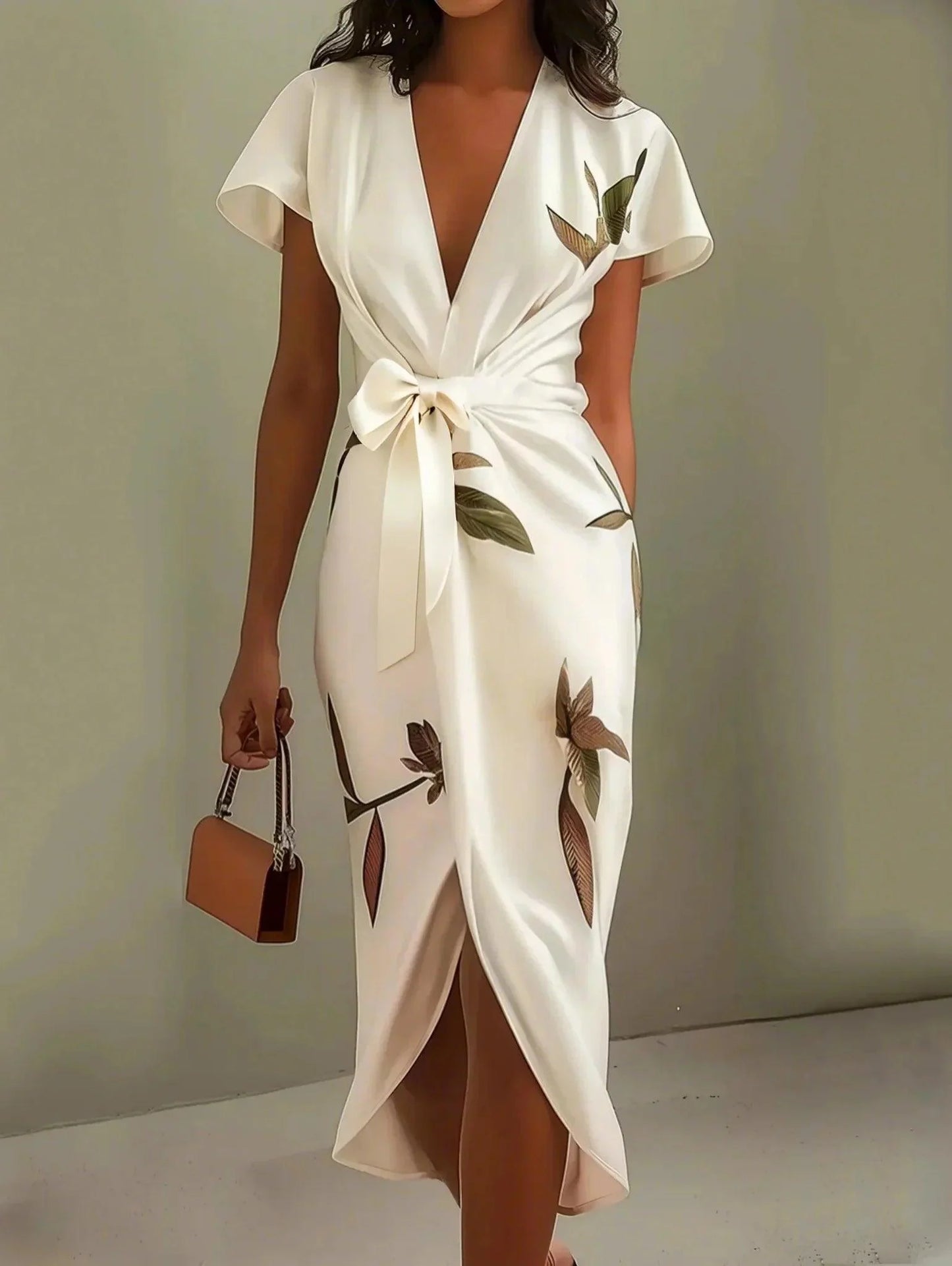 White Leaf Short Sleeve Satin Wrap Sheath Midi Dress - Seldom Seen Styles
