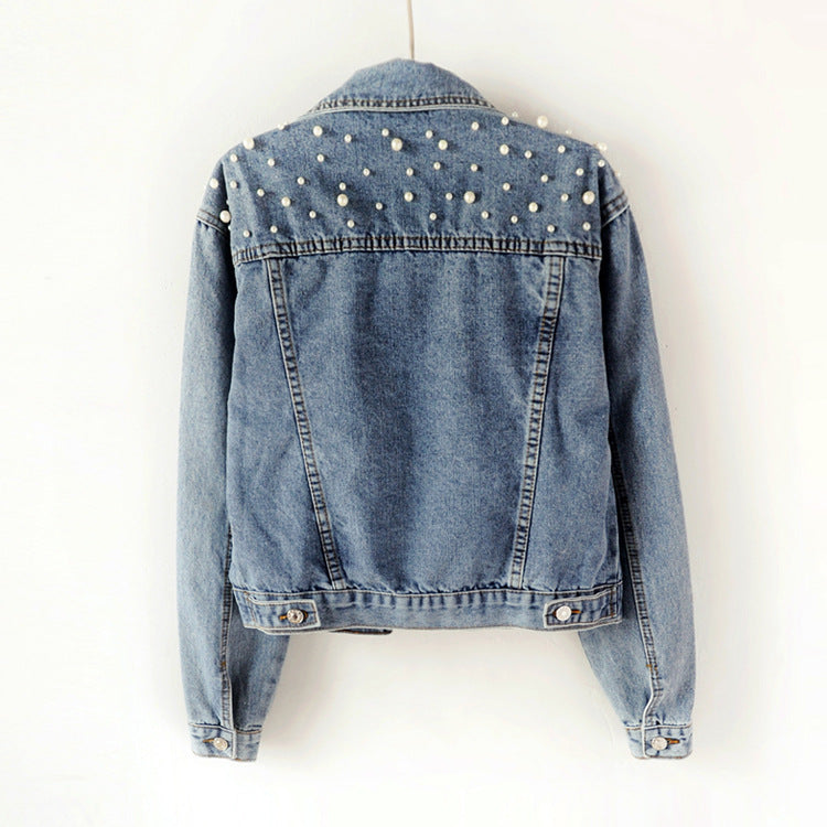 Women's Fashion Loose Embroidered Pearls Beading Cropped Denim Jacket Jean Coat - Seldom Seen Styles