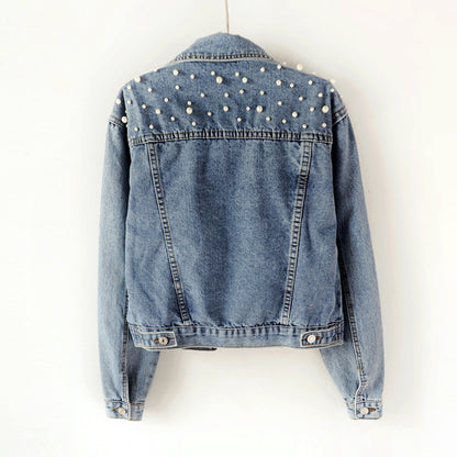 Women's Fashion Loose Embroidered Pearls Beading Cropped Denim Jacket Jean Coat