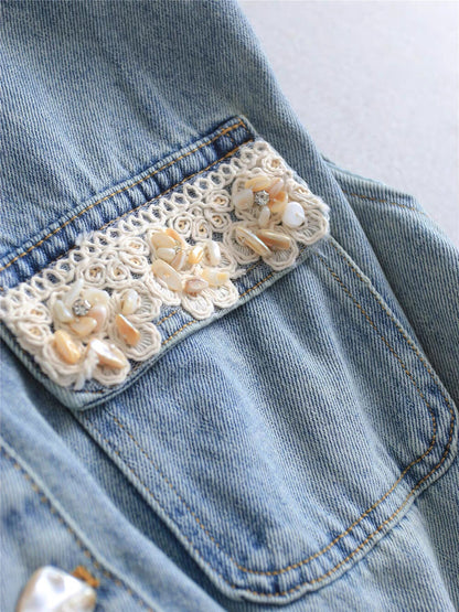 Women's Light Blue Washed Denim Sleeveless Lapel Collar Pearl Button Maxi Dress Lace Floral Chest Pockets Elastic Waist with Free Woven Tassel Waist Accessory S M L XL