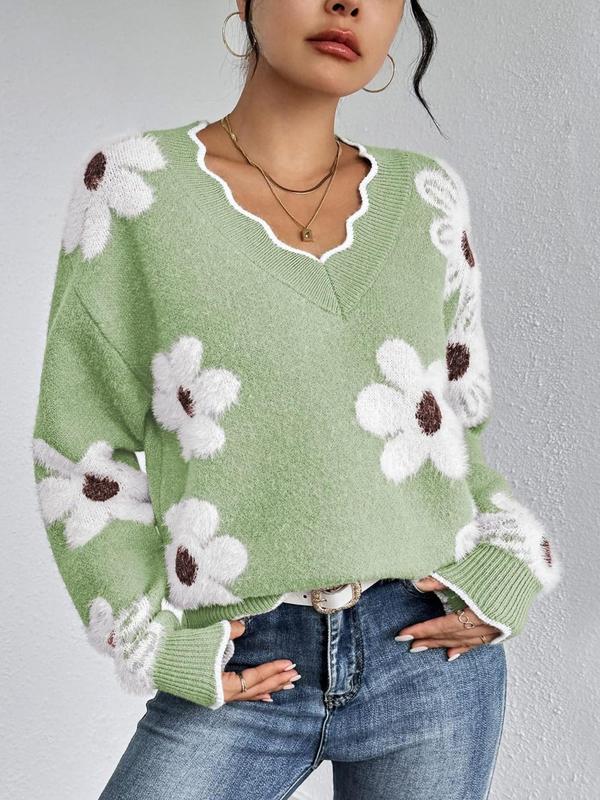 Women's Floral Pattern Scallop Trim Drop Shoulder Sweater, Casual Long Sleeve V Neck Jumper for Fall & Winter, Fashion Ladies' Knitwear for Daily Wear - Seldom Seen Styles