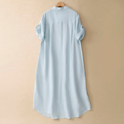 Light Blue Linen Short Sleeve Button Down Shirt Dress Collared Loose Fit Casual Midi Dress