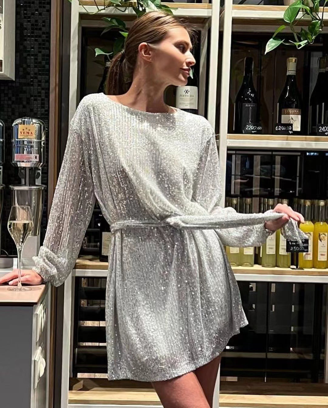 Elegant Sequin Party Dress for Women - Sparkling Long Sleeve, Round Neck with