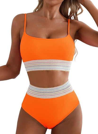 Women's Bikini Sets Colorblock Trim 2 Piece High Waisted Swimsuit Scoop Neck Adjustable Spaghetti Straps Bathing Suit - Seldom Seen Styles