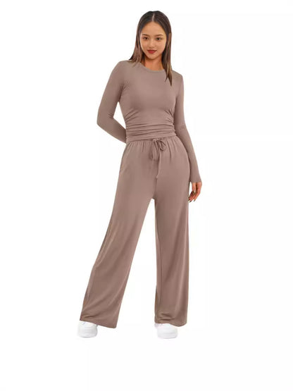 Autumn Solid Color Casual Suit Waist Pleated Long Sleeve Top with Trousers