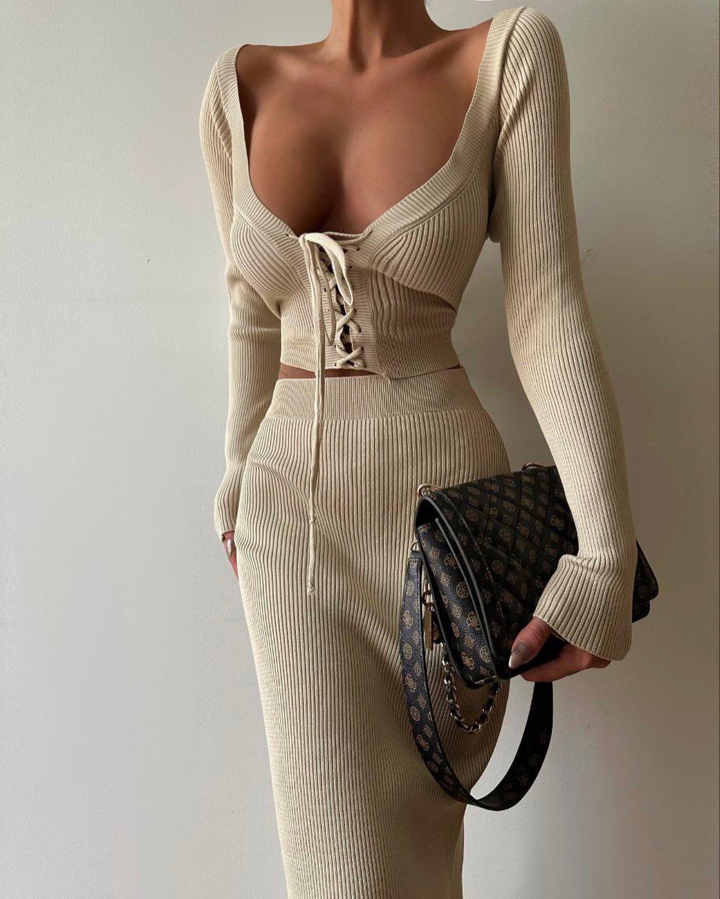 Europe and America Cross Border Sexy Tight Knitting Suit Autumn and Winter 2023 New Women's Clothing Long Sleeve Sweater Dress Two-Piece Set