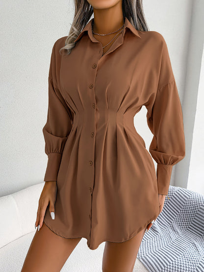 Women's Button Down Shirt Dress, Long Sleeve, Pleated Waist, Multiple Color Options Available