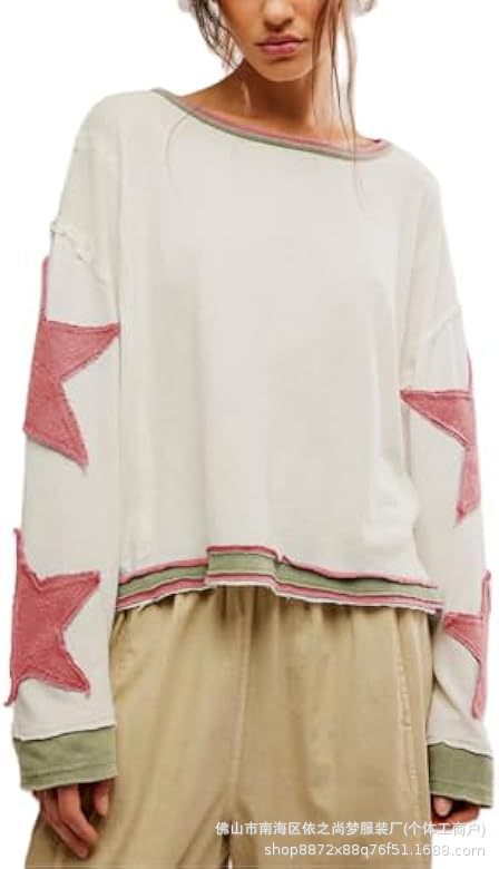 Women's Summer Loose T-Shirt Star Patch Long Sleeve Crew Neck Casual Tops Streetwear - Seldom Seen Styles