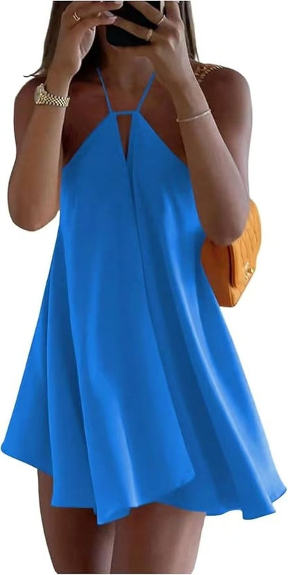 Women's Summer Halter Backless Mini Dress, Sexy A-Line Sleeveless Hollow Out Dress, Beach Vacation Casual Wear, Halloween