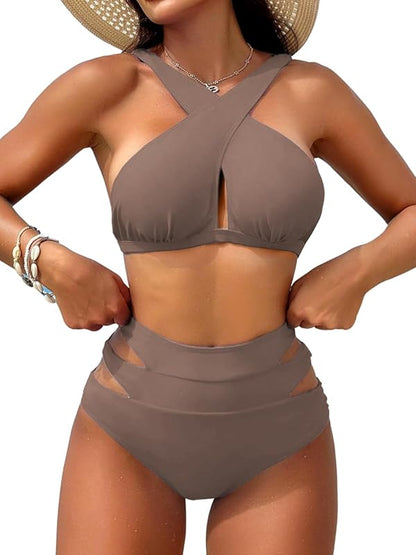 Bikini Sets For Women Full Coverage Bottoms,High Waisted Bathing Suit,Cut Out Criss Cross Two Piece Swimsuits - Seldom Seen Styles