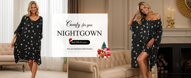 Plus Size Nightgown for Women V-Neck Sleep  Dress Pjs Lounge Short Sleeves Sleepwear With Pocket Fit S-5XL Pajamas Elastic Loungewear Breathable Fabric - Seldom Seen Styles