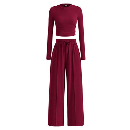 BTFBM 2-Piece Ribbed Knit Long Sleeve Crop Top Wide Leg Pants Matching Lounge Set Loungewear