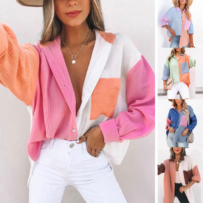 European and american hot2024Year ins New Women's Clothing ebay Fashion Multi-Color Mosaic Long Sleeve Cardigan Women's Shirt