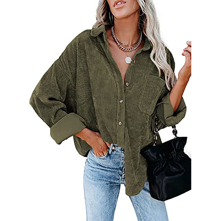 Dokotoo Womens Corduroy Button Down Shirts Boyfriend Long Sleeve Oversized Blouses Tops