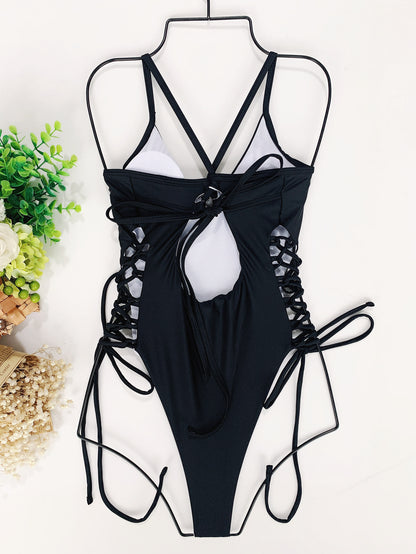 drawstring bikini romper swimsuit Bikini Solid Color Strap  One-Piece Adjustable Strap  Swimsuit - Seldom Seen Styles