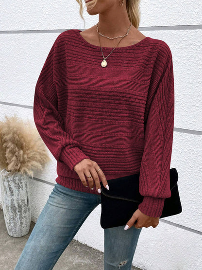 Women's Plain Round Neck Batwing Sleeve Tee, Casual Long Sleeve Crew Neck T-shirt for Fall & Winter, Fashion Aesthetic Ladies' Knit Clothing for Daily Wear