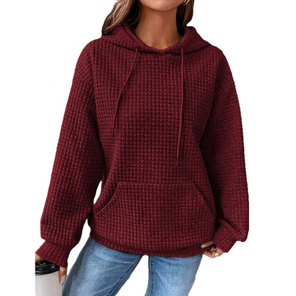 Womens Hoodies Casual Long Sleeve Drawstring Waffle Pullover Tops Loose Hooded Sweatshirt with Pocket