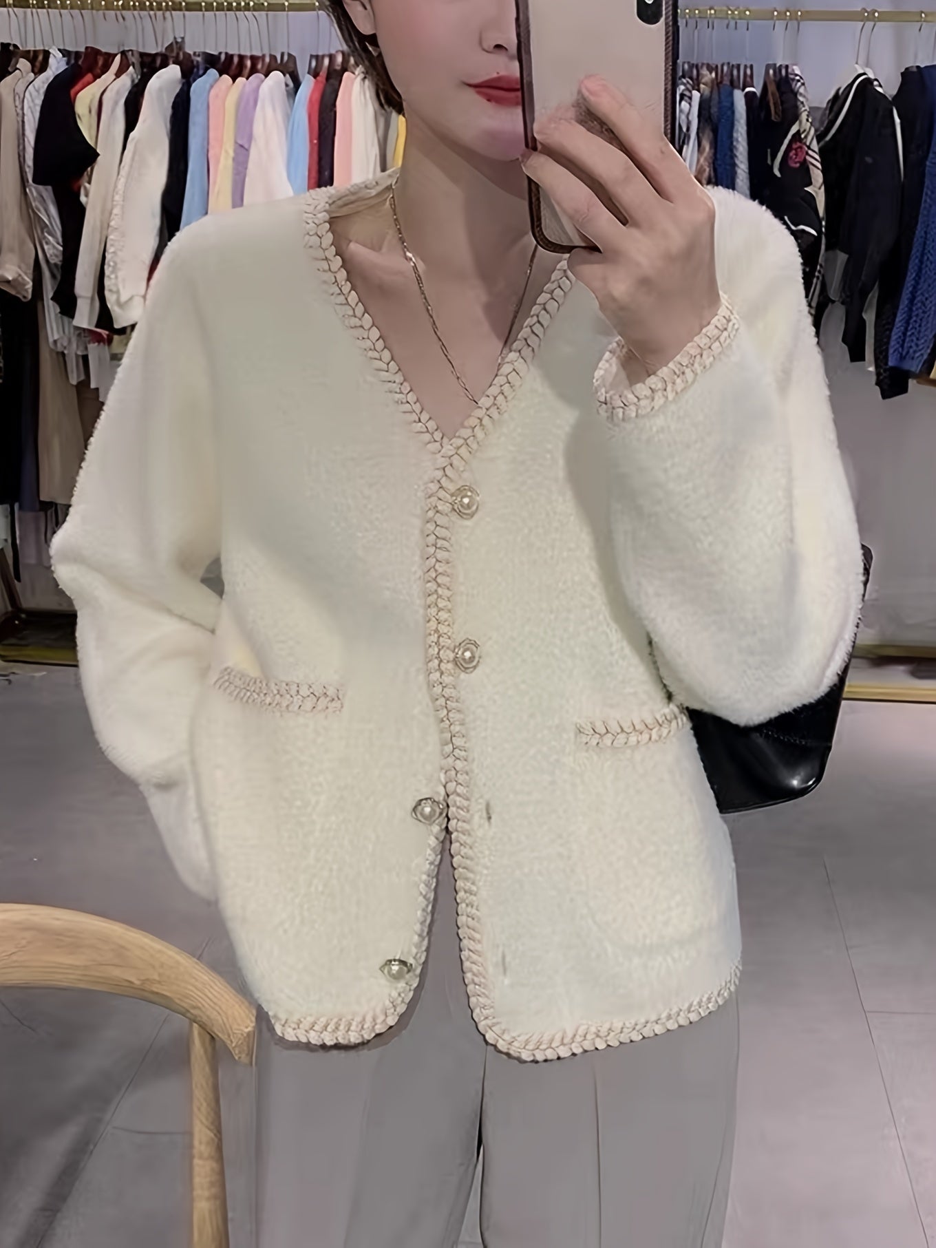 Contrast Trim Button Front Knitted Cardigan, Elegant Long Sleeve Cardigan For Spring & Fall, Women's Clothing