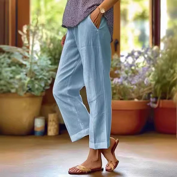 2024Cross-Border Amazon wish Independent Station Women's Cotton Linen Loose Solid Color Elastic Waist Pocket Straight Casual Pants - Seldom Seen Styles