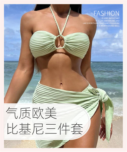 bikini Three-Piece Gauze Skirt Swimsuit Bikini Halter Solid Color Swimwear - Seldom Seen Styles