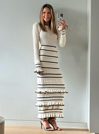 Ruffled Tight Knitted Dress Long Skirt Autumn and Winter European and American 2024 Color Contrast Patchwork Elegant Retro Dress