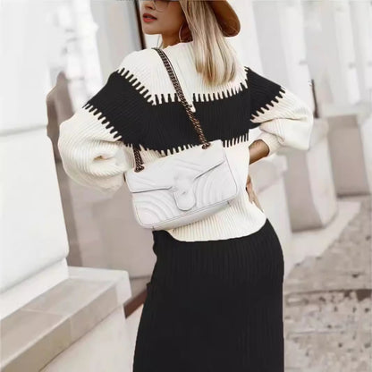 Women's Elegant Knitwear Set - Color Block Ribbed Sweater with Mock Neck and Long