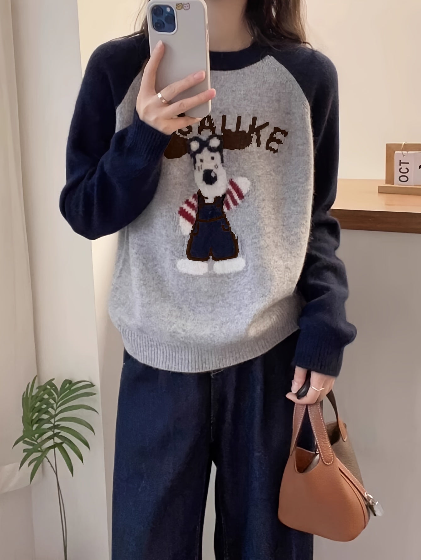 Cute Cartoon Pattern Sweater, Raglan Sleeve Crew Neck Sweater For Fall & Winter, Women's Clothing