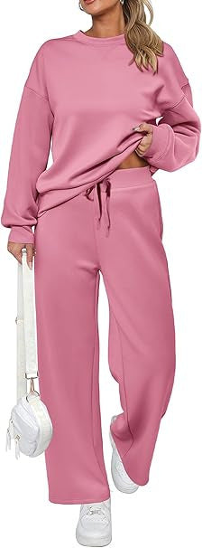Pink Queen Women's 2 Piece Lounge Outfit Sweater Set Long Sleeve Crop Knit Top and Wide Leg Long Pants Sweatsuit