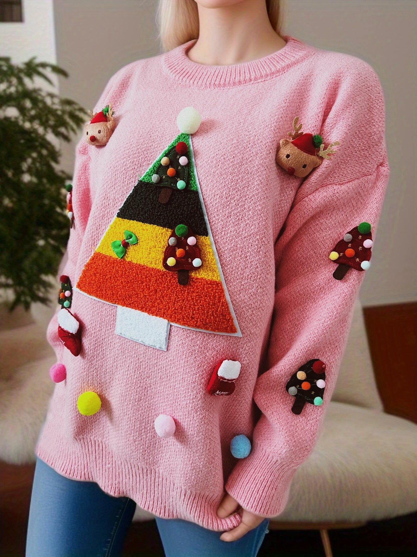 2024New Christmas Wear Match Sweater Cute Christmas Tree Decorative Top