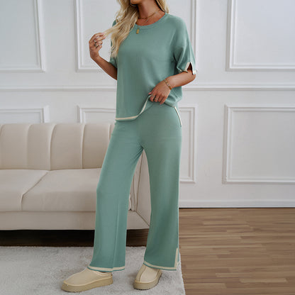 Women's 2-Piece Lounge Set - Black Knit Tracksuit with Short Sleeve Top & Wide Leg Pants - Soft Stretchy Homewear for Casual Wear