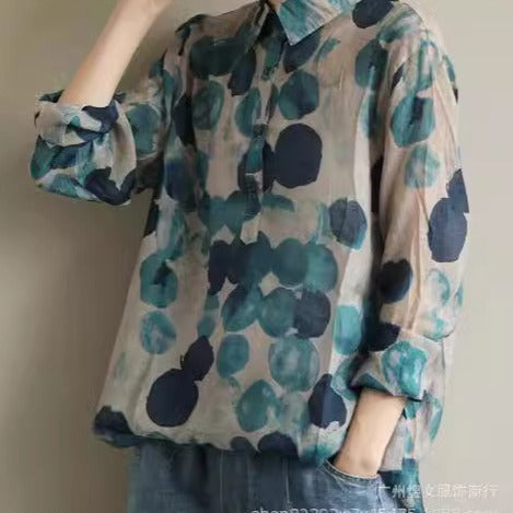 Lapel Autumn Baggy Coat Wardrobe Blue with Dots Shirt