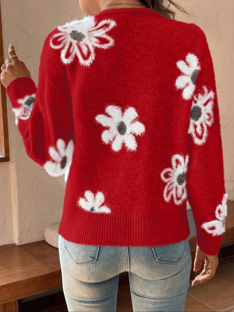 Plus Size Floral Print Button Front Cardigan, Casual Drop Shoulder  V Neck Knitwear for Fall & Winter, Women's Plus Clothing for Daily Wear - Seldom Seen Styles