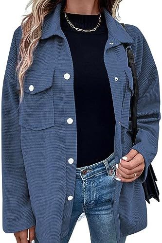 Astylish Damen Shacket-Jacke mit Waffelstrick, lang, übergroß, lässige Blusen, Button-Down-Kragen, elegante Hemden 