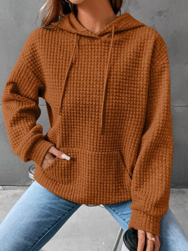 Womens Hoodies Casual Long Sleeve Drawstring Waffle Pullover Tops Loose Hooded Sweatshirt with Pocket