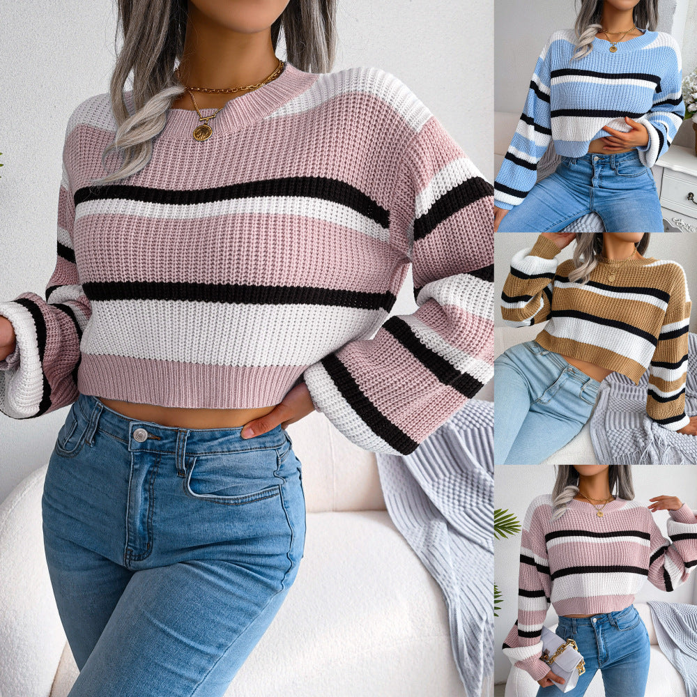 insWind Real Shot2024Autumn and Winter European and American Leisure Striped Long Sleeves Cropped Knitted Sweater Independent Station Cross-Border Women's Clothing